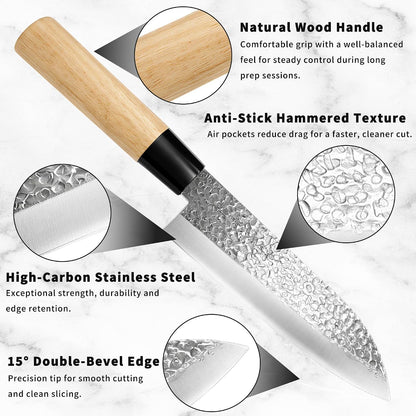 6.3 Inch Deba Knife, Made in Japan, Right-Handed Single Bevel Fish Butcher Knife, High Carbon Stainless Steel with Hammered Finish, Natural Wood Handle for Fish Filleting