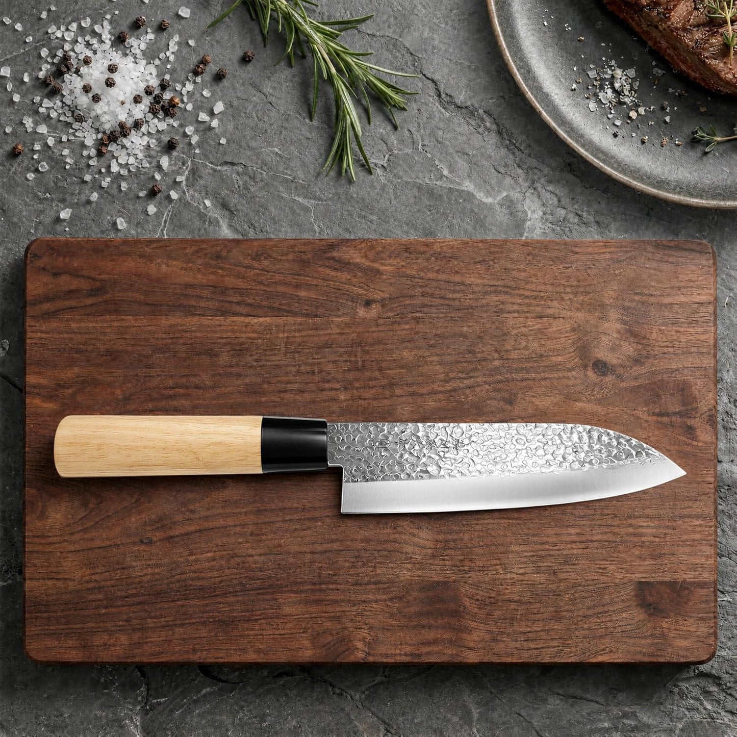 6.3 Inch Deba Knife, Made in Japan, Right-Handed Single Bevel Fish Butcher Knife, High Carbon Stainless Steel with Hammered Finish, Natural Wood Handle for Fish Filleting