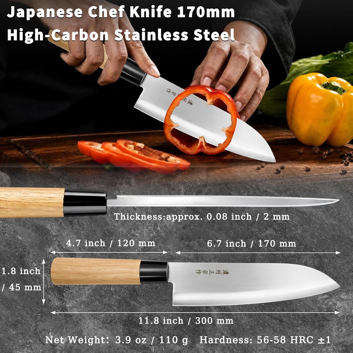 6.3 Inch Deba Knife, Made in Japan, Right-Handed Single Bevel Fish Butcher Knife, High Carbon Stainless Steel with Hammered Finish, Natural Wood Handle for Fish Filleting