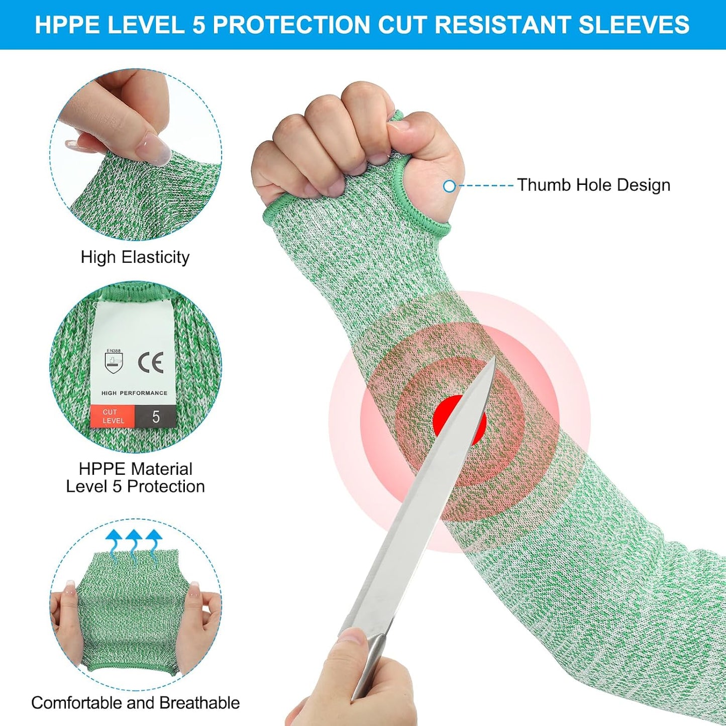 Cut Resistant Sleeve, Arm Safety Protectors Sleeves with Thumb Hole Level 5 Protection Forearm Guard Sleeves