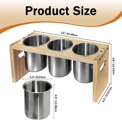3 Pack Silverware Holder, Stainless Steel Kitchen Utensil Organizer with Wood Base - Countertop Flatware Caddy for Knives, Spoons, Forks - Great for Cabinet, Pantry, Table Organization (Wood grain)