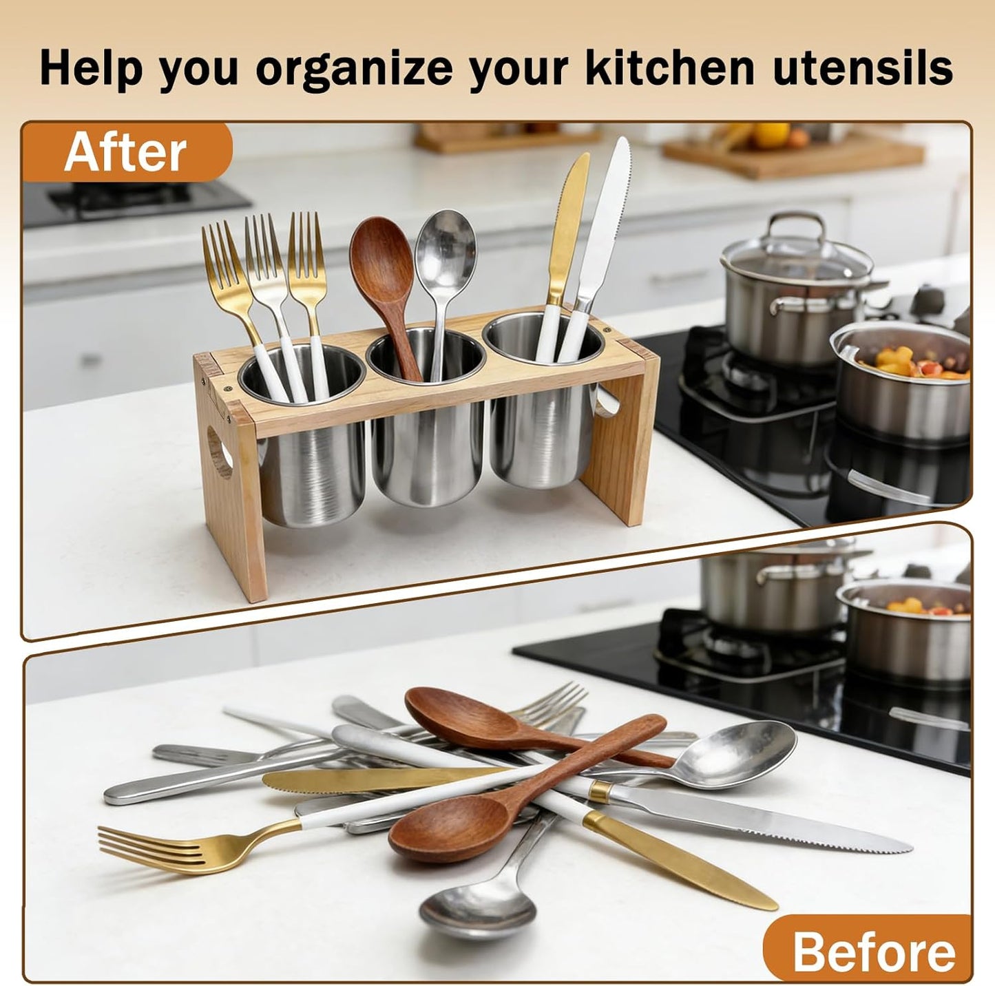 3 Pack Silverware Holder, Stainless Steel Kitchen Utensil Organizer with Wood Base - Countertop Flatware Caddy for Knives, Spoons, Forks - Great for Cabinet, Pantry, Table Organization (Wood grain)