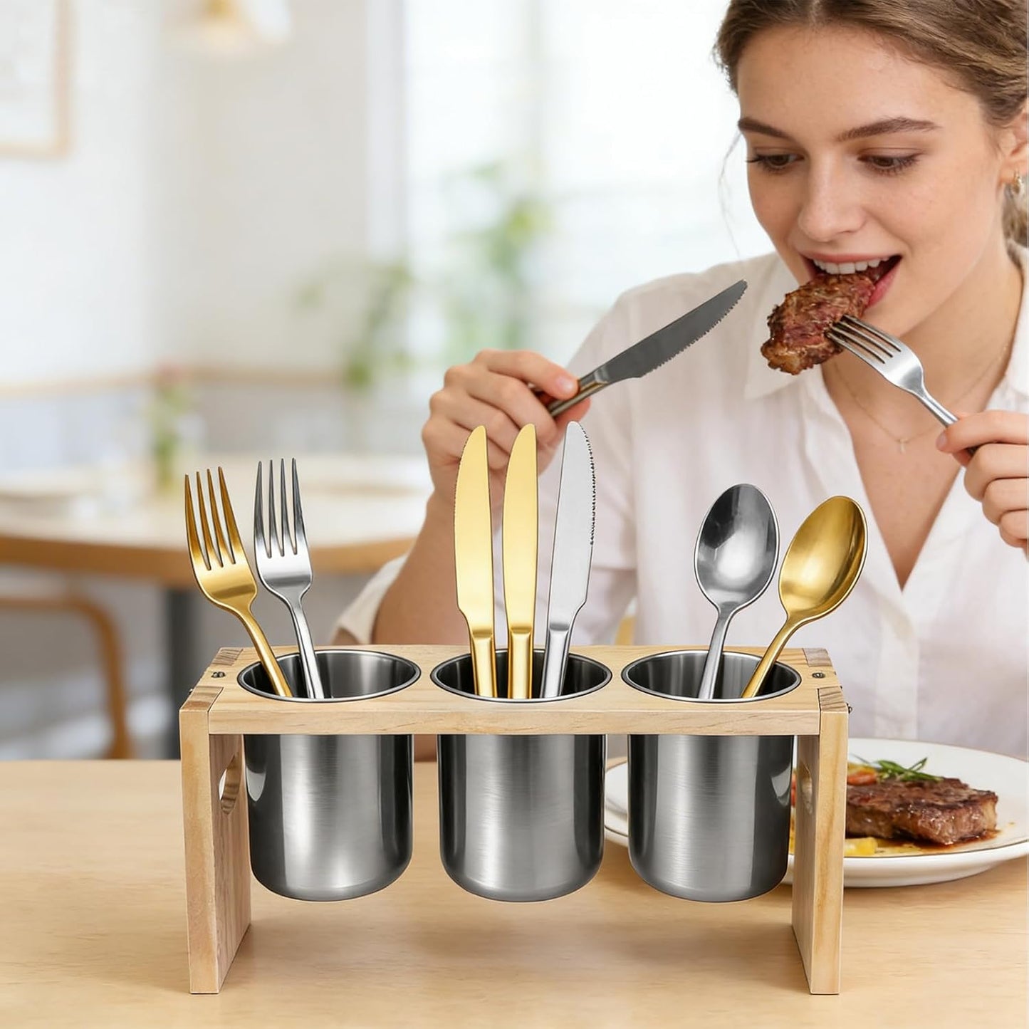 3 Pack Silverware Holder, Stainless Steel Kitchen Utensil Organizer with Wood Base - Countertop Flatware Caddy for Knives, Spoons, Forks - Great for Cabinet, Pantry, Table Organization (Wood grain)