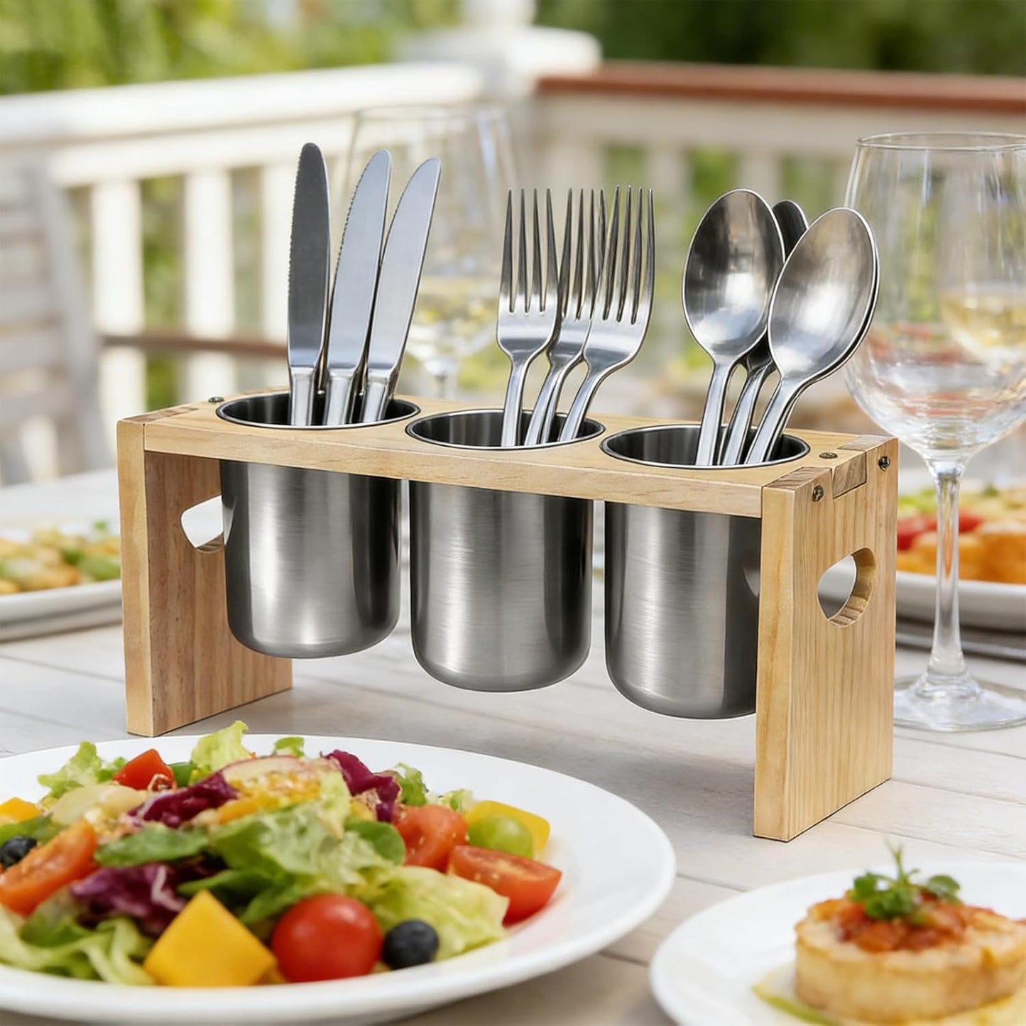 3 Pack Silverware Holder, Stainless Steel Kitchen Utensil Organizer with Wood Base - Countertop Flatware Caddy for Knives, Spoons, Forks - Great for Cabinet, Pantry, Table Organization (Wood grain)