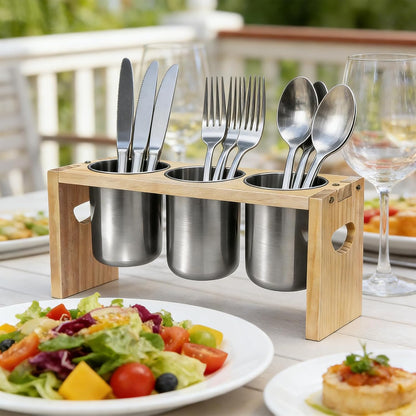 3 Pack Silverware Holder, Stainless Steel Kitchen Utensil Organizer with Wood Base - Countertop Flatware Caddy for Knives, Spoons, Forks - Great for Cabinet, Pantry, Table Organization (Wood grain)