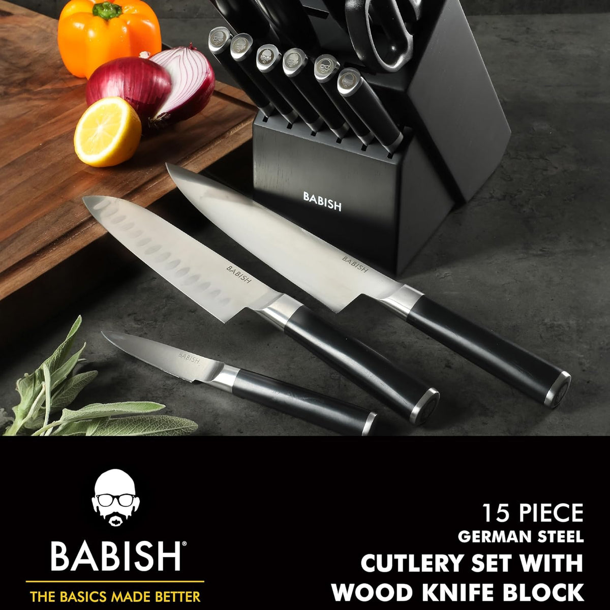 High-Carbon 1.4116 German Steel 15 Piece Full Tang Forged Cutlery Kitchen Knife Block Set - Black