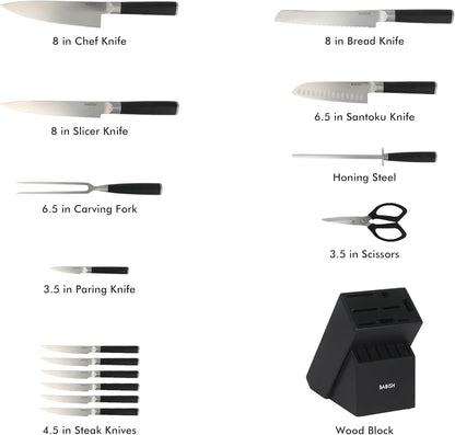 High-Carbon 1.4116 German Steel 15 Piece Full Tang Forged Cutlery Kitchen Knife Block Set - Black