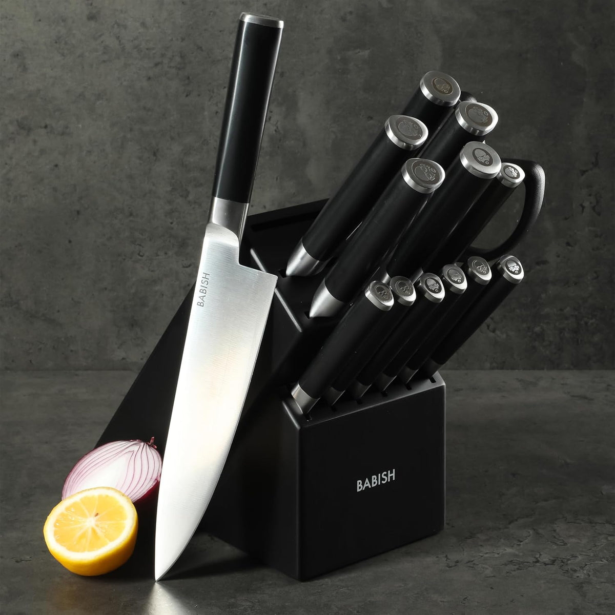 High-Carbon 1.4116 German Steel 15 Piece Full Tang Forged Cutlery Kitchen Knife Block Set - Black
