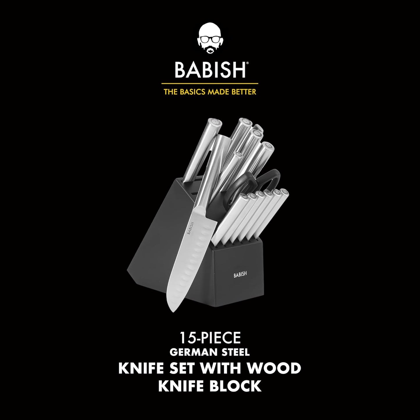 High-Carbon 1.4116 German Steel 15 Piece Full Tang Forged Cutlery Kitchen Knife Block Set - Black