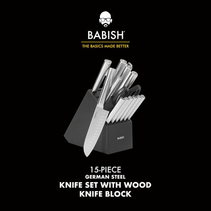 High-Carbon 1.4116 German Steel 15 Piece Full Tang Forged Cutlery Kitchen Knife Block Set - Black