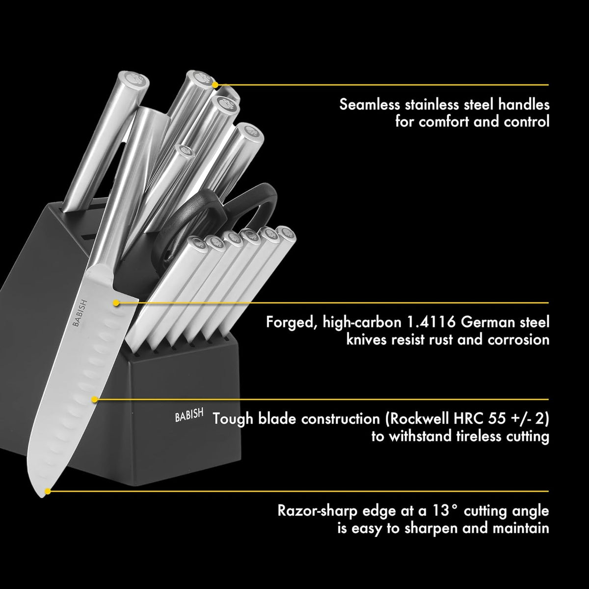 High-Carbon 1.4116 German Steel 15 Piece Full Tang Forged Cutlery Kitchen Knife Block Set - Black