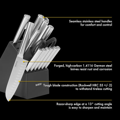 High-Carbon 1.4116 German Steel 15 Piece Full Tang Forged Cutlery Kitchen Knife Block Set - Black