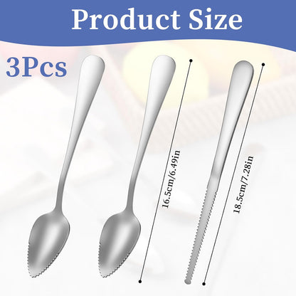 Grapefruit Spoons 3 Set, 2 Stainless Steel Grapefruit Spoons with Serrated Edge and 1 Grapefruits Knife, Kiwi Knife Fruit Knives Dessert Spoon Grapefruits Utensil Tool for Berry Lemon Salads Pitaya