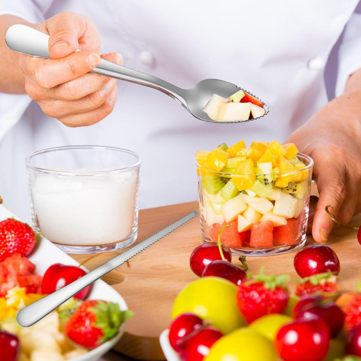 Grapefruit Spoons 3 Set, 2 Stainless Steel Grapefruit Spoons with Serrated Edge and 1 Grapefruits Knife, Kiwi Knife Fruit Knives Dessert Spoon Grapefruits Utensil Tool for Berry Lemon Salads Pitaya