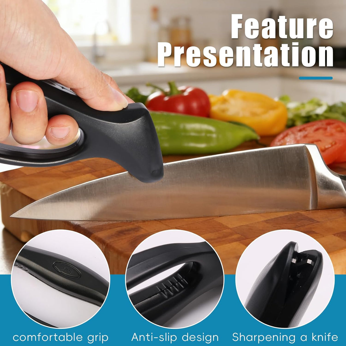 2pc Black Knife Sharpener - Afilador de Cuchillos, Ergonomic Comfort Handle, Compact & Easy to Use, Professional Hone for Restoring Straight Edges (Kitchen/Pocket Knives)