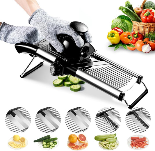 Mandoline Slicer for Kitchen, Mandolin and Julienne for Vegetables | Stainless Steel Mandoline Slicer for Onion, Cucumber, Cabbage, Potato and Carrot Vegetable Slicer with Cut-Resistant Gloves