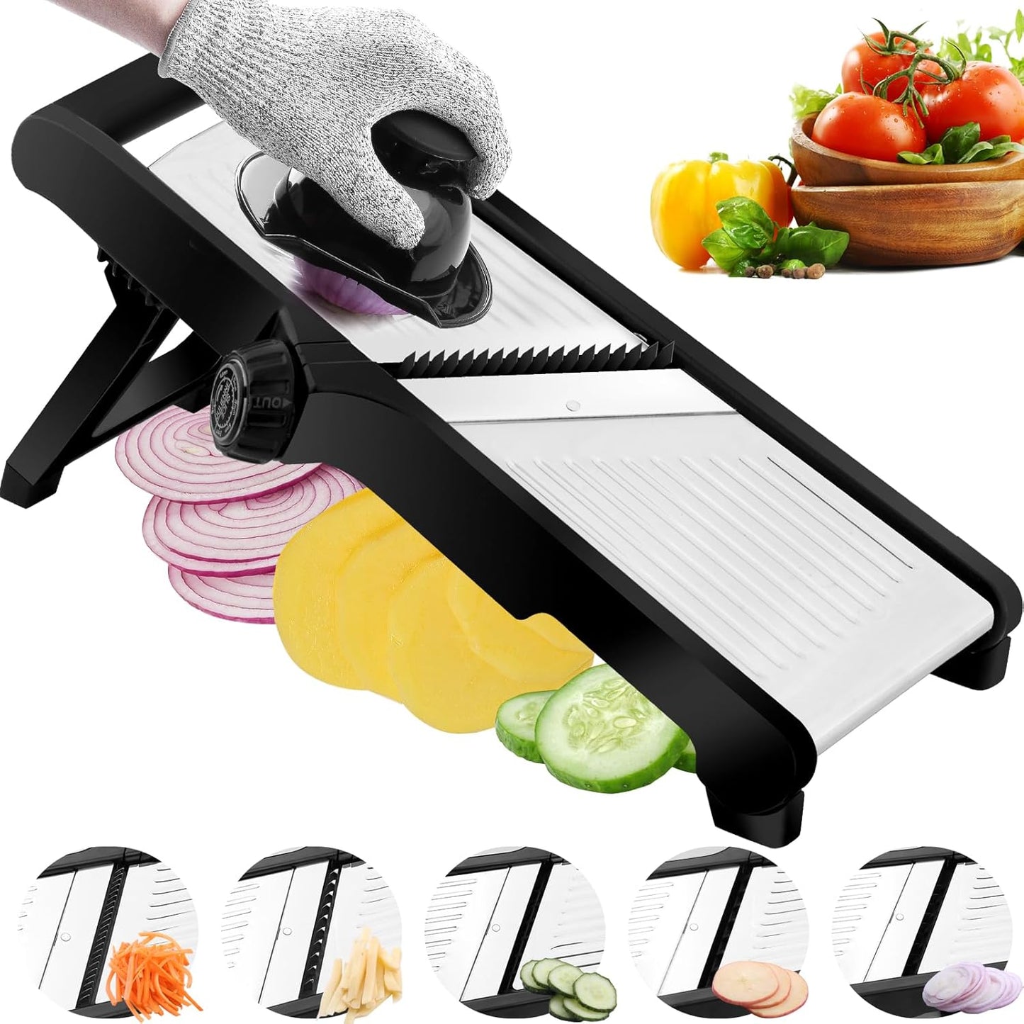 Mandoline Slicer for Kitchen, Mandolin and Julienne for Vegetables | Stainless Steel Mandoline Slicer for Onion, Cucumber, Cabbage, Potato and Carrot Vegetable Slicer with Cut-Resistant Gloves