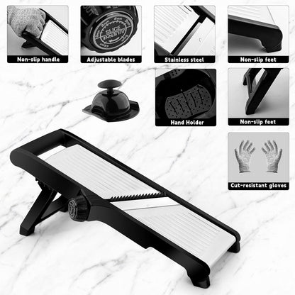 Mandoline Slicer for Kitchen, Mandolin and Julienne for Vegetables | Stainless Steel Mandoline Slicer for Onion, Cucumber, Cabbage, Potato and Carrot Vegetable Slicer with Cut-Resistant Gloves