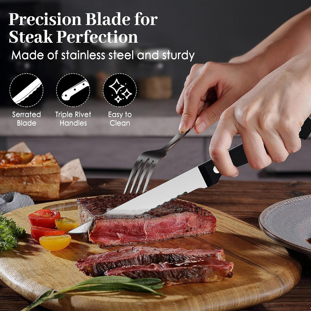 Steak Knives Set of 16 - Triple Rivet Steak Knife, Serrated Steak Knives, Stainless Steel Serrated Blades (4.5”), Sharp Knifes, Dinner Knives, Dishwasher Safe, Knives Set for Home, Restaurant