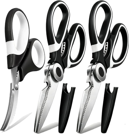 3 Pack Kitchen Scissors & Seafood Scissors Set, Sharp Kitchen Shears | All Purpose Stainless Steel Heavy Duty for Poultry Food Dishwasher Safe with Protective Sheath Comfort-Grip