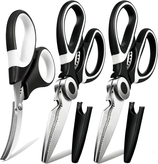 3 Pack Kitchen Scissors & Seafood Scissors Set, Sharp Kitchen Shears | All Purpose Stainless Steel Heavy Duty for Poultry Food Dishwasher Safe with Protective Sheath Comfort-Grip