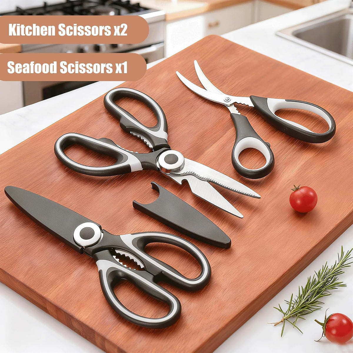 3 Pack Kitchen Scissors & Seafood Scissors Set, Sharp Kitchen Shears | All Purpose Stainless Steel Heavy Duty for Poultry Food Dishwasher Safe with Protective Sheath Comfort-Grip