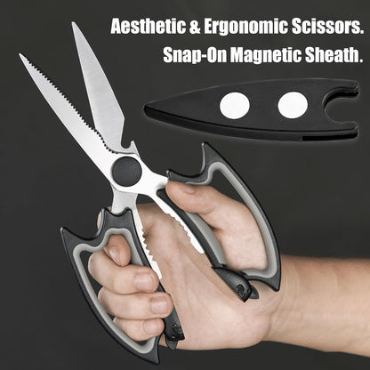 3 Pack Kitchen Scissors & Seafood Scissors Set, Sharp Kitchen Shears | All Purpose Stainless Steel Heavy Duty for Poultry Food Dishwasher Safe with Protective Sheath Comfort-Grip