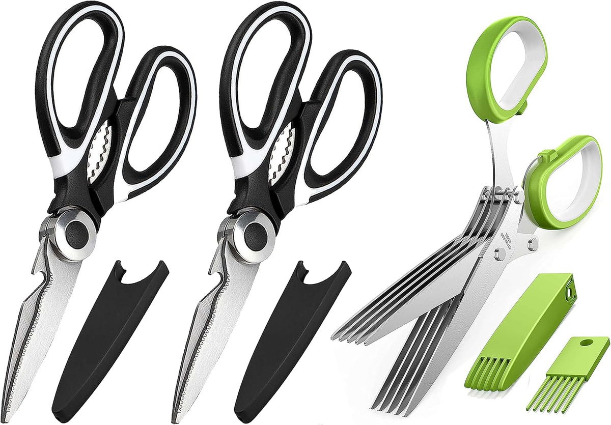 3 Pack Kitchen Scissors & Seafood Scissors Set, Sharp Kitchen Shears | All Purpose Stainless Steel Heavy Duty for Poultry Food Dishwasher Safe with Protective Sheath Comfort-Grip
