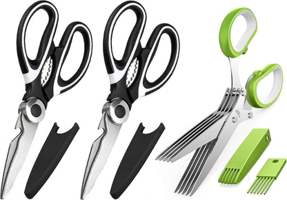 3 Pack Kitchen Scissors & Seafood Scissors Set, Sharp Kitchen Shears | All Purpose Stainless Steel Heavy Duty for Poultry Food Dishwasher Safe with Protective Sheath Comfort-Grip