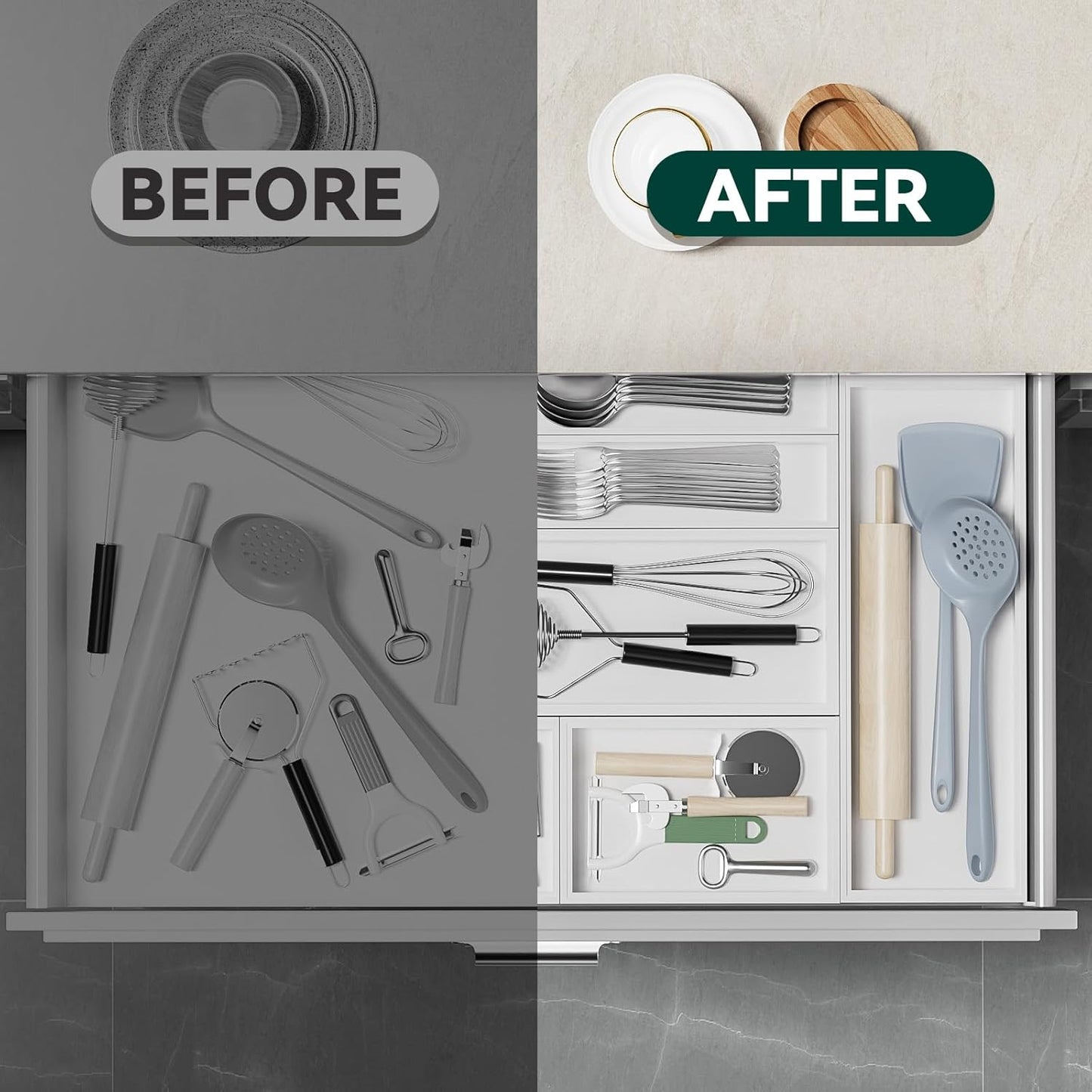 Bamboo Drawer Organizer, Narrow Stackable Cutlery Tray for Kitchen, 2 Pcs Silverware & Utensil Box, 12" x 3" x 2" (Outer), 11.3" x 2.3" x 1.77" (Inner)