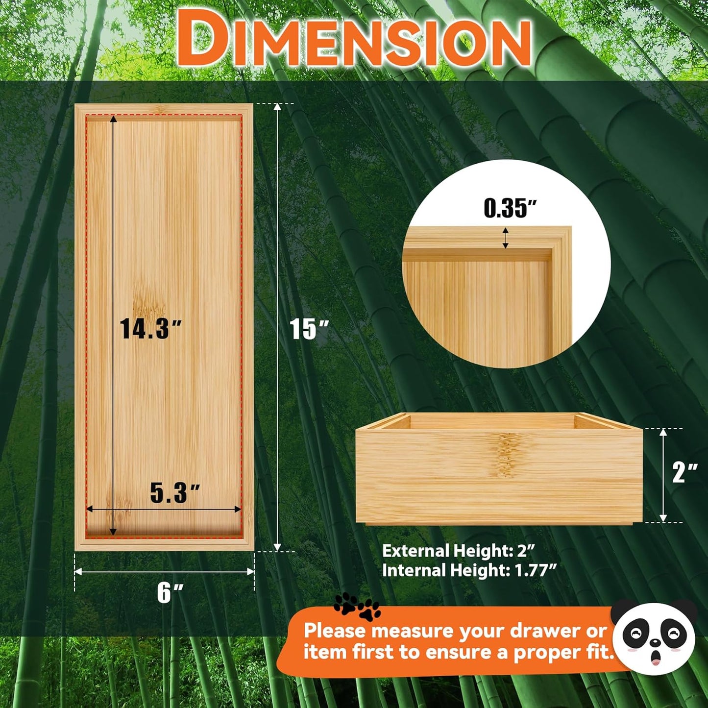 Bamboo Drawer Organizer, Narrow Stackable Cutlery Tray for Kitchen, 2 Pcs Silverware & Utensil Box, 12" x 3" x 2" (Outer), 11.3" x 2.3" x 1.77" (Inner)