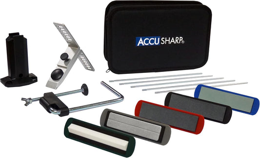 AccuSharp Precision Knife Sharpening Stone Kit, Set for Honing Straight Bladed Knives, Portable Stone Sharpener with Clamp, Pouch, and Guide for Various Angles, Set of 5 Stones with Varying Coarseness