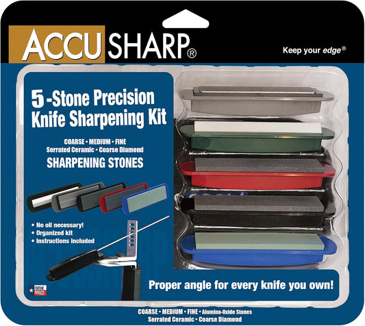 AccuSharp Precision Knife Sharpening Stone Kit, Set for Honing Straight Bladed Knives, Portable Stone Sharpener with Clamp, Pouch, and Guide for Various Angles, Set of 5 Stones with Varying Coarseness