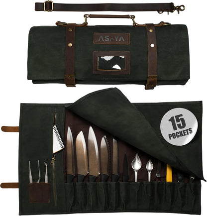 Asaya Waxed Canvas Knife Roll Bag - 15-Slot Chef Knife Bag with Leather Straps, Large Zippered Pocket and Card Holder - Carrying Case for Chefs and Culinary Students – Knives Not Included (Green)