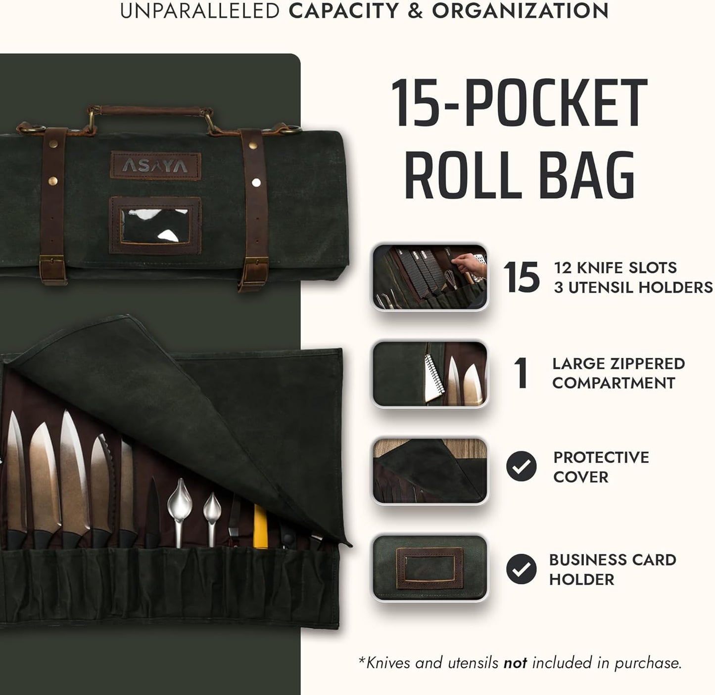 Asaya Waxed Canvas Knife Roll Bag - 15-Slot Chef Knife Bag with Leather Straps, Large Zippered Pocket and Card Holder - Carrying Case for Chefs and Culinary Students – Knives Not Included (Green)