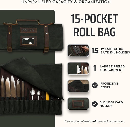 Asaya Waxed Canvas Knife Roll Bag - 15-Slot Chef Knife Bag with Leather Straps, Large Zippered Pocket and Card Holder - Carrying Case for Chefs and Culinary Students – Knives Not Included (Green)