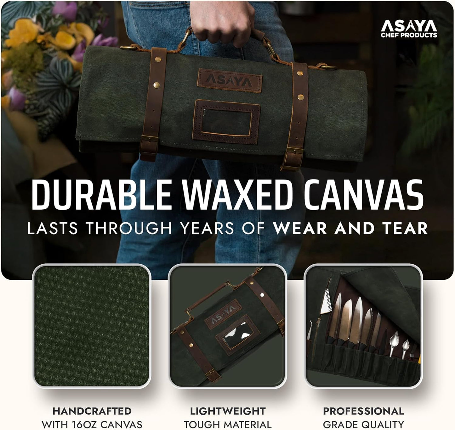Asaya Waxed Canvas Knife Roll Bag - 15-Slot Chef Knife Bag with Leather Straps, Large Zippered Pocket and Card Holder - Carrying Case for Chefs and Culinary Students – Knives Not Included (Green)
