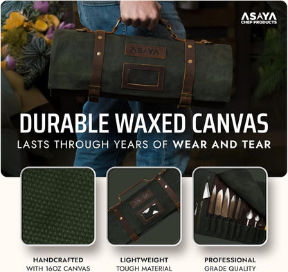 Asaya Waxed Canvas Knife Roll Bag - 15-Slot Chef Knife Bag with Leather Straps, Large Zippered Pocket and Card Holder - Carrying Case for Chefs and Culinary Students – Knives Not Included (Green)