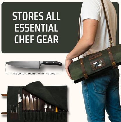 Asaya Waxed Canvas Knife Roll Bag - 15-Slot Chef Knife Bag with Leather Straps, Large Zippered Pocket and Card Holder - Carrying Case for Chefs and Culinary Students – Knives Not Included (Green)