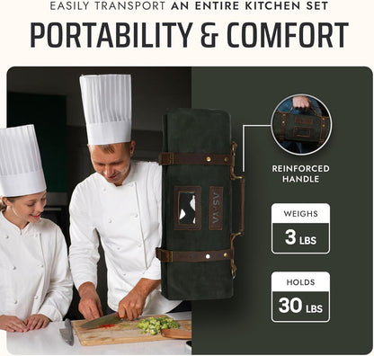 Asaya Waxed Canvas Knife Roll Bag - 15-Slot Chef Knife Bag with Leather Straps, Large Zippered Pocket and Card Holder - Carrying Case for Chefs and Culinary Students – Knives Not Included (Green)