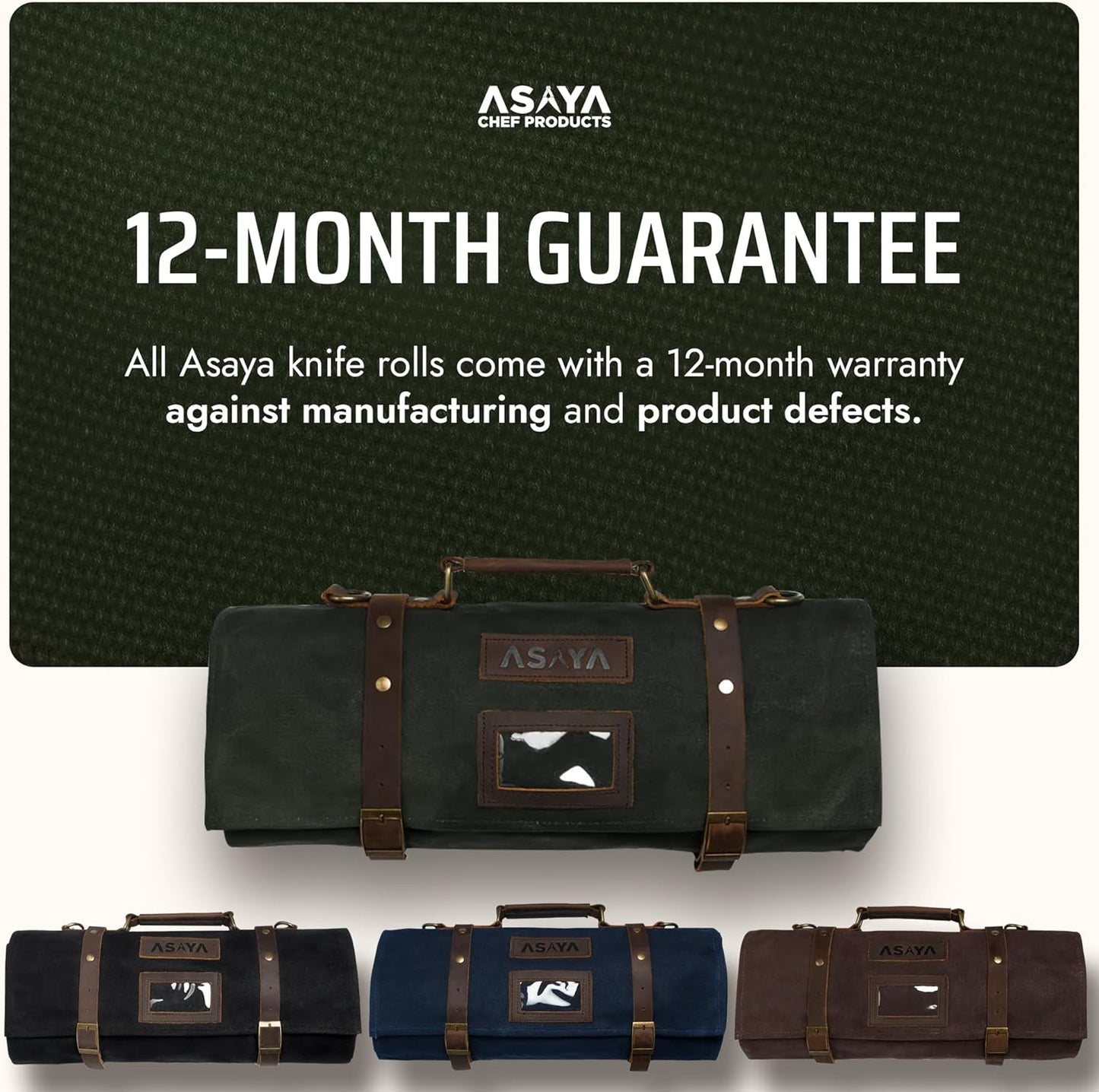 Asaya Waxed Canvas Knife Roll Bag - 15-Slot Chef Knife Bag with Leather Straps, Large Zippered Pocket and Card Holder - Carrying Case for Chefs and Culinary Students – Knives Not Included (Green)