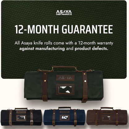 Asaya Waxed Canvas Knife Roll Bag - 15-Slot Chef Knife Bag with Leather Straps, Large Zippered Pocket and Card Holder - Carrying Case for Chefs and Culinary Students – Knives Not Included (Green)