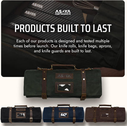 Asaya Waxed Canvas Knife Roll Bag - 15-Slot Chef Knife Bag with Leather Straps, Large Zippered Pocket and Card Holder - Carrying Case for Chefs and Culinary Students – Knives Not Included (Green)