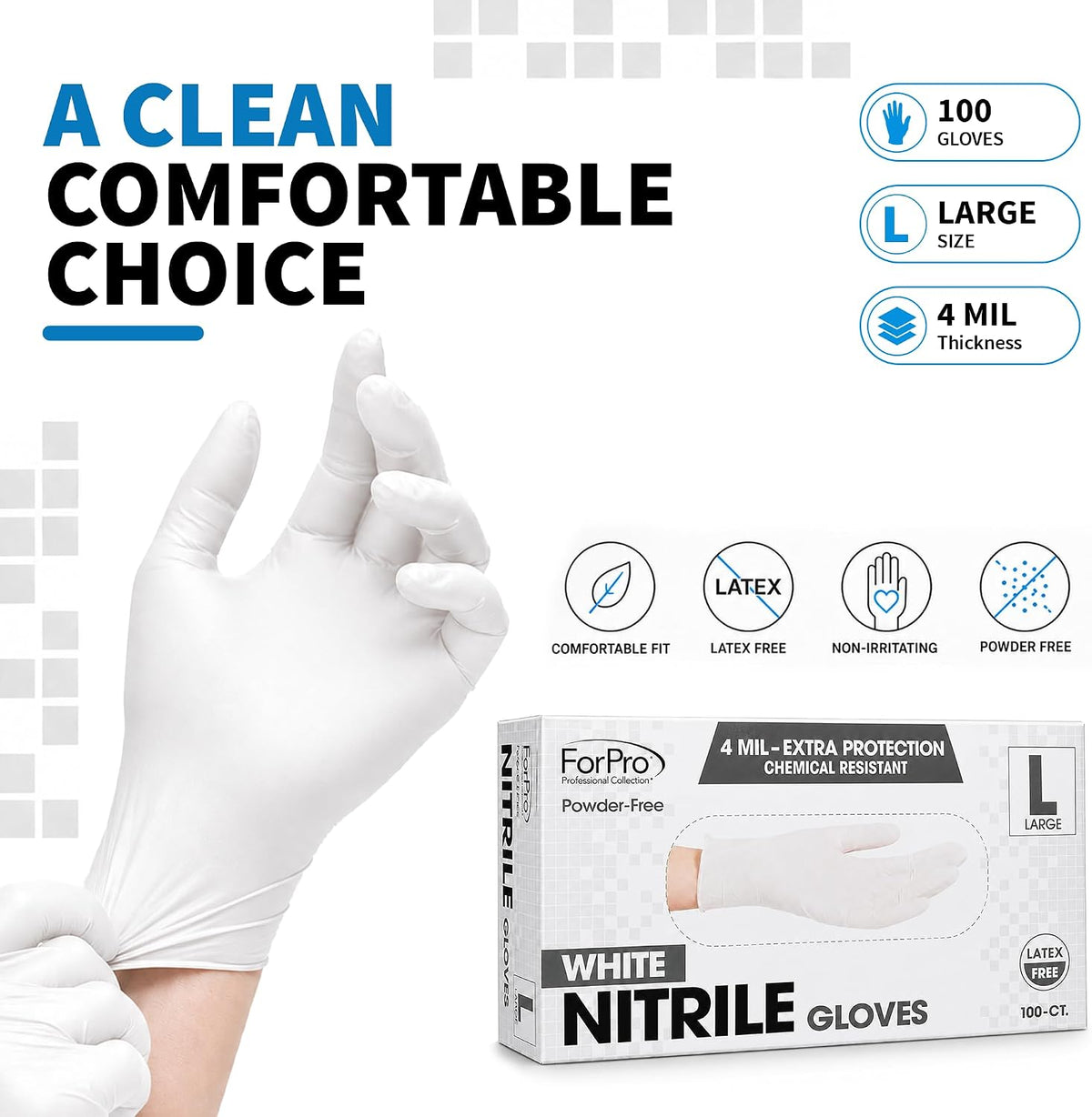 ForPro Disposable Nitrile Gloves, Chemical Resistant, Powder-Free, Latex-Free, Non-Sterile, Food Safe, 4 Mil