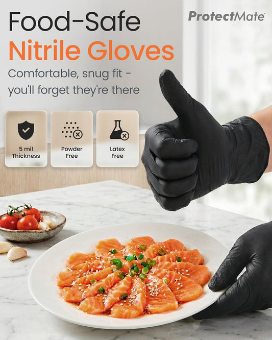 5 Mil Black Nitrile Gloves for Food Prep - Textured Food Prep Gloves - Food Handling Gloves Disposable Latex Free
