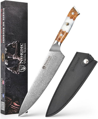 New Viking Series Professional 8 Inch Chef Knife, Japanese VG10 Super Steel, 67 Layers Razor Sharp Damascus Steel, Resin & Wood Handle, Leather Sheath