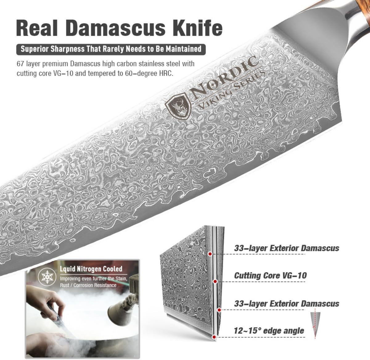 New Viking Series Professional 8 Inch Chef Knife, Japanese VG10 Super Steel, 67 Layers Razor Sharp Damascus Steel, Resin & Wood Handle, Leather Sheath