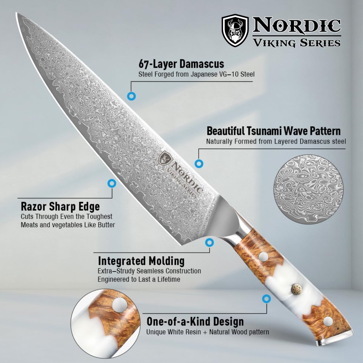 New Viking Series Professional 8 Inch Chef Knife, Japanese VG10 Super Steel, 67 Layers Razor Sharp Damascus Steel, Resin & Wood Handle, Leather Sheath