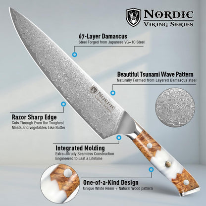 New Viking Series Professional 8 Inch Chef Knife, Japanese VG10 Super Steel, 67 Layers Razor Sharp Damascus Steel, Resin & Wood Handle, Leather Sheath