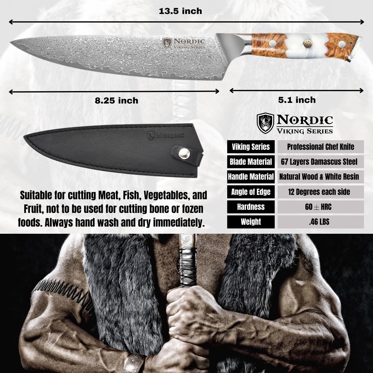 New Viking Series Professional 8 Inch Chef Knife, Japanese VG10 Super Steel, 67 Layers Razor Sharp Damascus Steel, Resin & Wood Handle, Leather Sheath